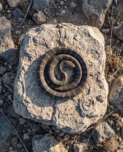 Coiled King Cobra on Riverbed Boulder