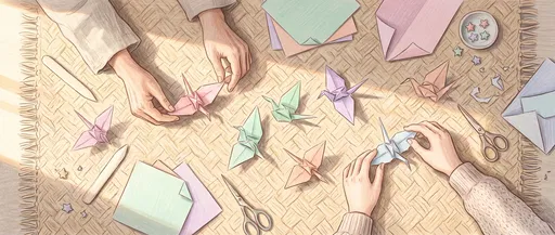 Hands Folding Pastel Origami Paper Cranes