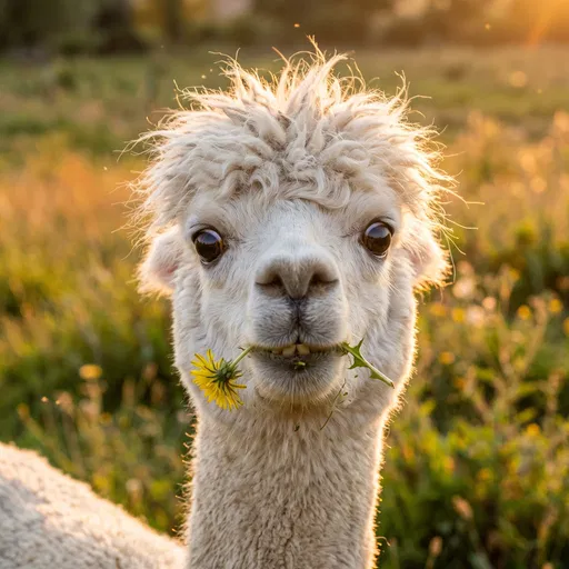 Fluffy Alpaca Chewing Yellow Dandelion