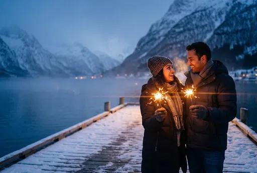 Couple Holding Sparklers on Snowy Pier