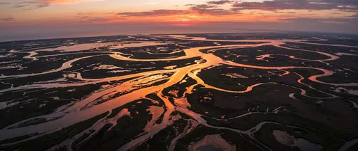 Aerial View of River Delta at Sunset