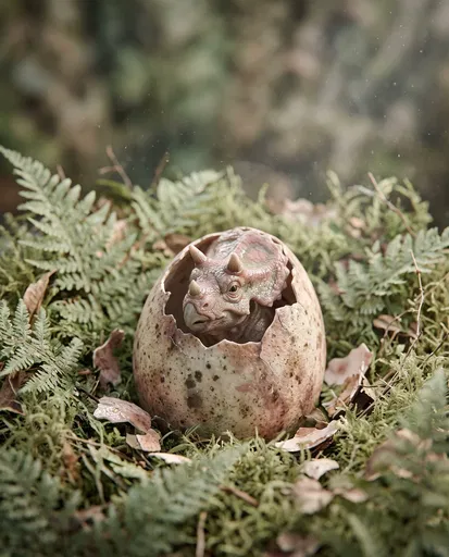 Baby Triceratops Hatching in Fern Nest