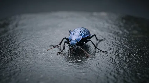 Blue Ground Beetle on Wet Dark Stone