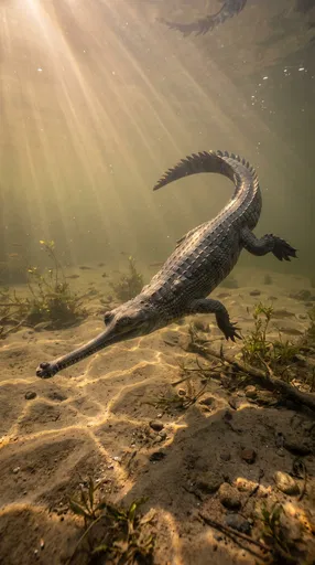 Gharial Swimming Underwater Over Sandy Riverbed