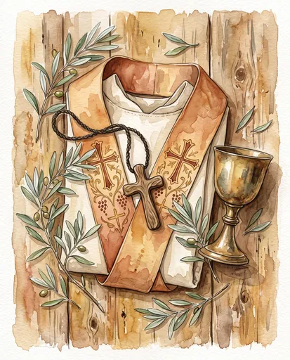 Watercolor Clergy Vestments and Chalice Flat Lay