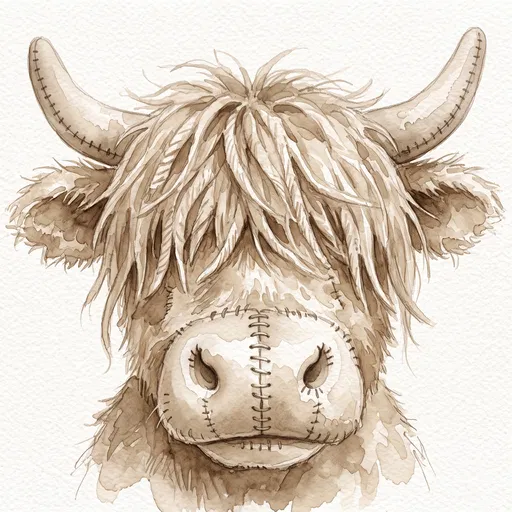 Sepia Watercolor Stuffed Highland Cow Portrait