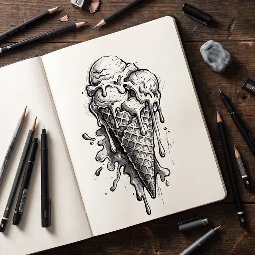 Sketchbook With Melting Ice Cream Cone Drawing