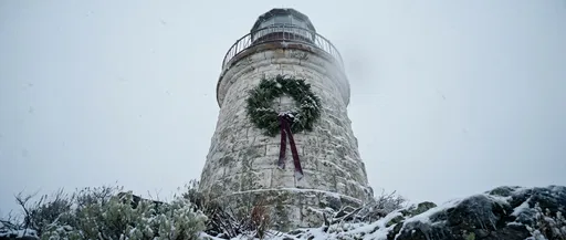 Weathered Stone Lighthouse With Holiday Wreath