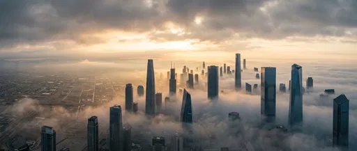 Misty Sunrise Over Modern City Skyline