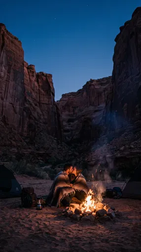 Couple Kissing by Desert Canyon Campfire