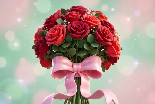 Whimsical 3D Red Rose Bouquet with Pink Bow