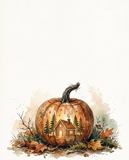 Watercolor Pumpkin With Glowing Cabin Design
