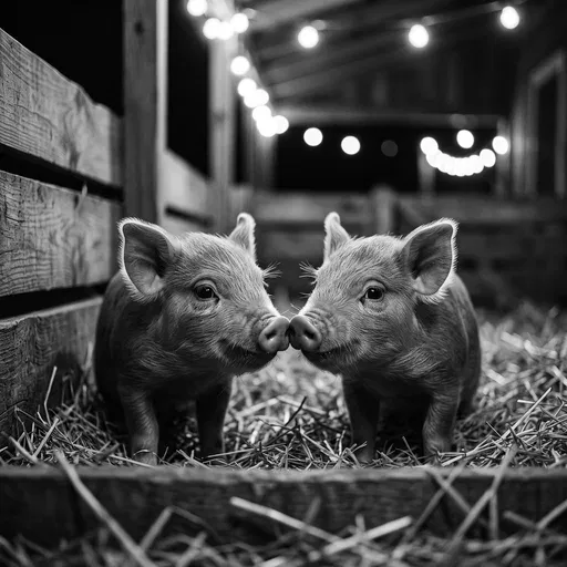 Two Piglets Touching Snouts in Barn