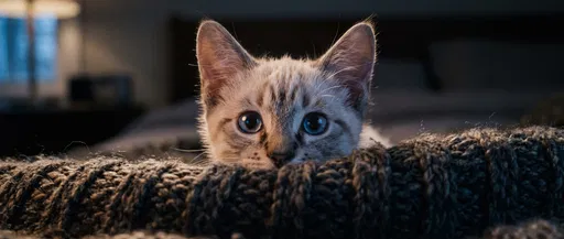 Kitten Peering Over Knitted Blanket