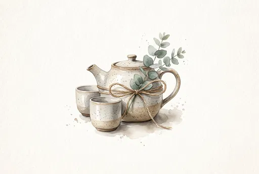 Watercolor Ceramic Tea Set with Eucalyptus