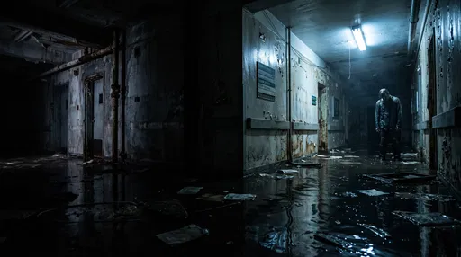 Creepy Figure in Flooded Hospital Corridor