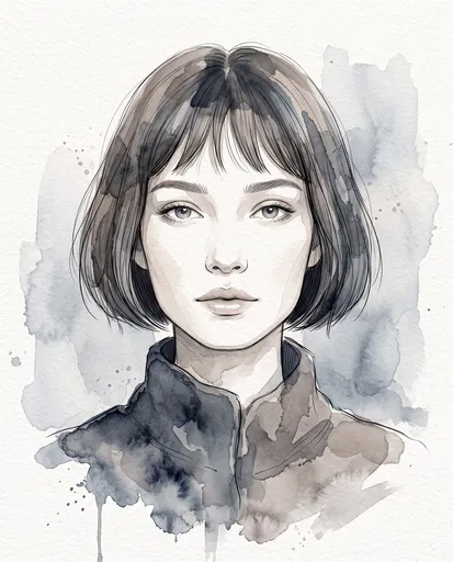 Watercolor Portrait of Woman with Bob