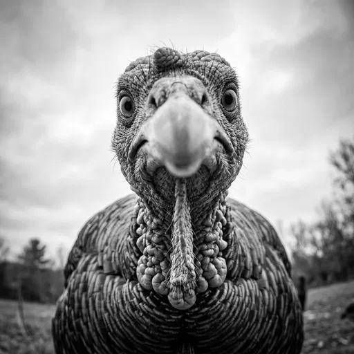 Black and White Close-Up of Curious Turkey