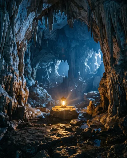Glowing Lantern Inside Dark Limestone Cavern