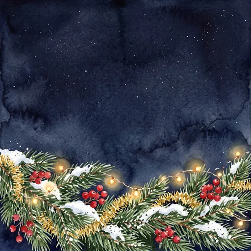 Watercolor Christmas Pine Border Under Night Sky