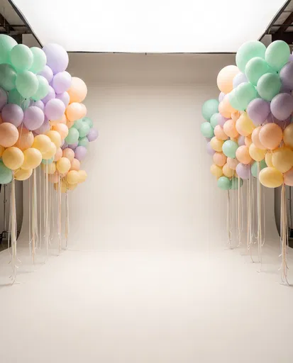 Pastel Balloon Clusters Flanking Studio Cyclorama Stage