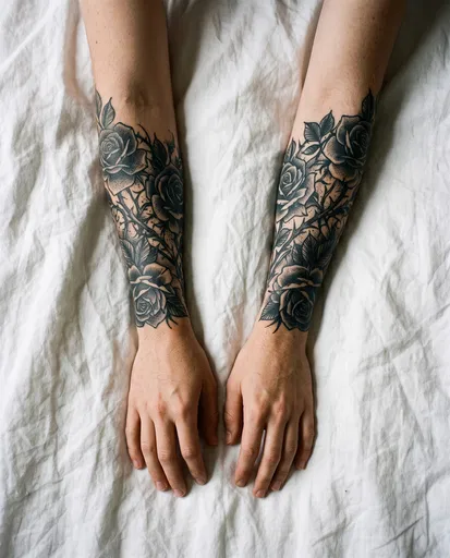 Forearms With Blackwork Rose Tattoos