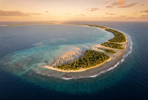 Aerial View of Tropical Atoll at Sunset