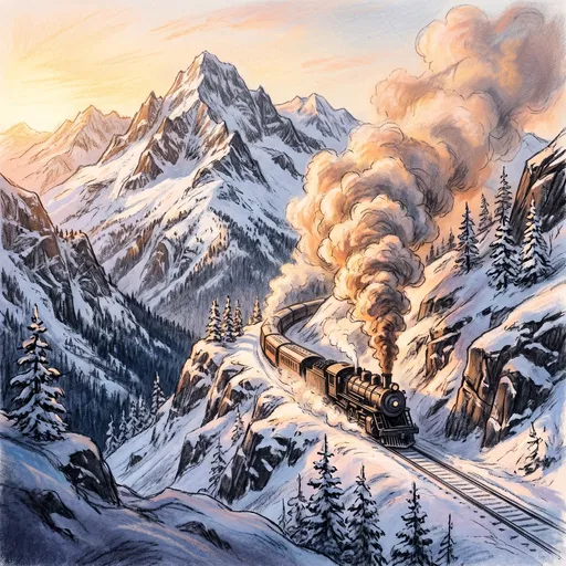 Steam Train in Snowy Mountain Pass Illustration