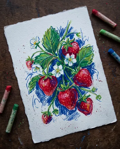 Oil Pastel Strawberry Illustration Flat Lay