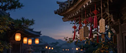 Temple Eave with Lucky Knots at Dusk