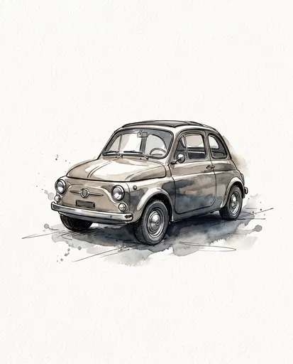 Vintage Compact Car Watercolor Sketch