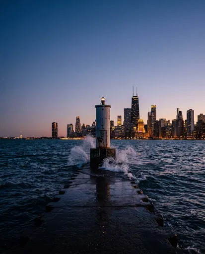 Harbor Beacon on Breakwater Against Twilight Skyline