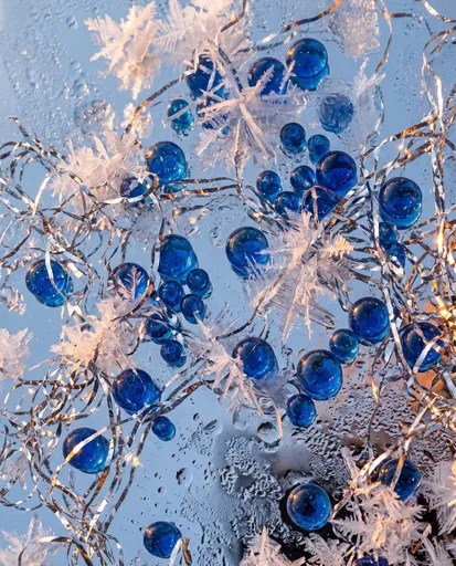 Blue Glass Beads Frost and Silver Tinsel