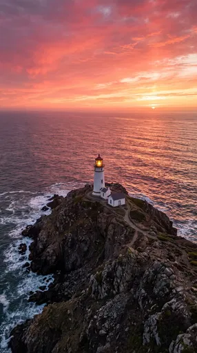 White Coastal Lighthouse on Rocky Promontory at Sunrise