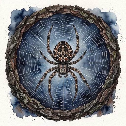 Watercolor Orb Spider in Bark Frame