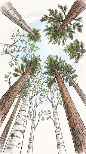Low Angle Pine and Birch Forest Illustration
