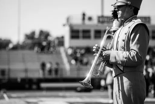 Monochrome Marching Band Trumpeter at Attention