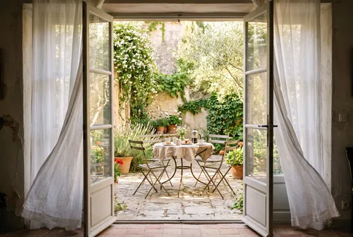 Sunlit Courtyard Breakfast Through Open French Doors
