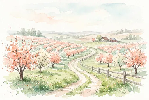 Watercolor Spring Orchard Landscape Illustration