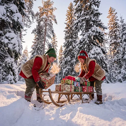 Two Elves Loading Gifts on Sled