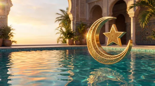 Gold Islamic Crescent Above Courtyard Pool