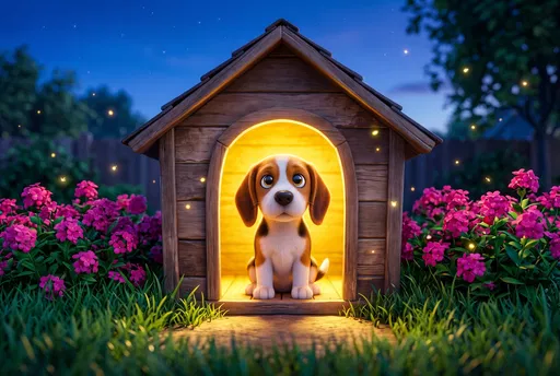 Cute Beagle Puppy in Glowing Doghouse