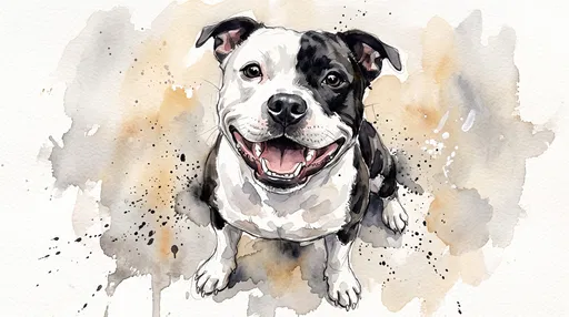 Watercolor Illustration of Smiling Staffordshire Bull Terrier