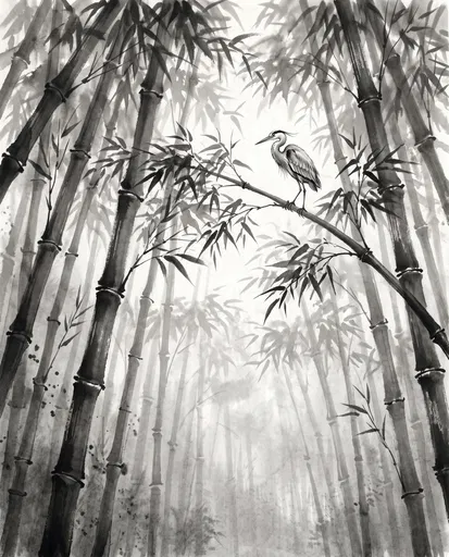Sumi-e Ink Heron in Bamboo Forest