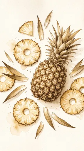 Sepia Watercolor Pineapple and Slices Illustration