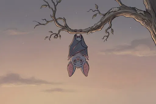 Sleepy Cartoon Bat Hanging From Branch