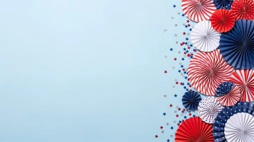 Patriotic Paper Rosettes and Star Confetti Background