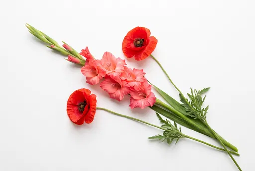 Coral Gladiolus and Red Poppies Flat Lay