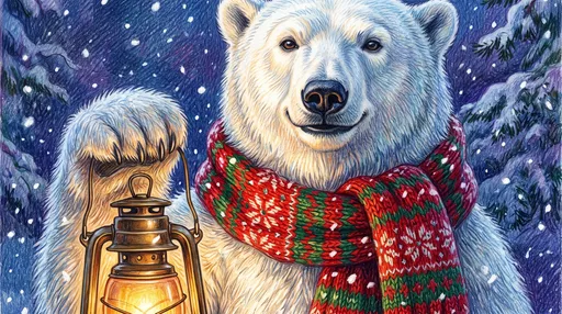Polar Bear Holding Lantern Colored Pencil Illustration