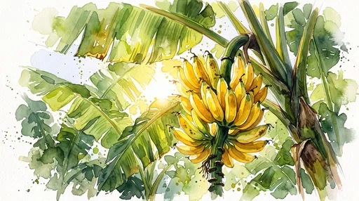 Watercolor Yellow Banana Cluster on Tree
